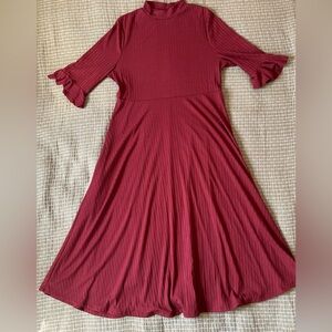 Verdusa Amazon Ruffle Half Sleeve Fit and Flare Midi Dress Burgundy XL